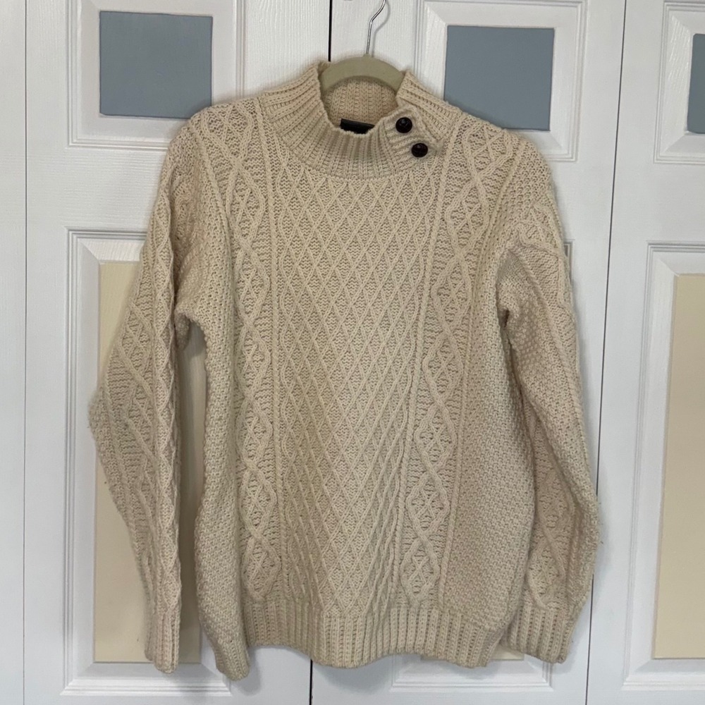 Aran Woollen Mills Merino Wool Cable Knit Button Mock Neck Sweater Cream Mens M